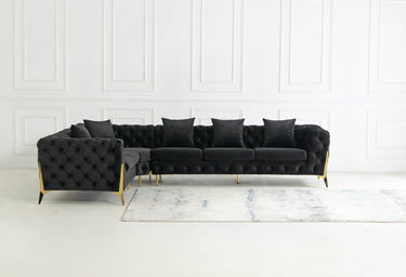 Rocky Chesterfield L-Shape Corner Sofa Set in Luxurious Black Velvet with Gold Legs - UK Luxury Furniture